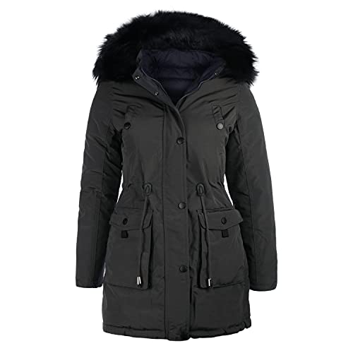 VAN HILL Damen Gefütterte Winterjacken Seitentaschen Kunstfell Kapuze Damenjacke Taillierte Innentaschen Jacke 200975 Grau 38 von VAN HILL