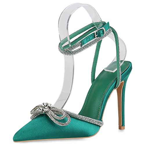 VAN HILL Damen High Heels Pumps Elegante Strass Schuhe Party Stiletto Schleifen Absatzschuhe Spitze Satin-Optik Abendschuhe 210770 Grün Satinoptik 37 von VAN HILL