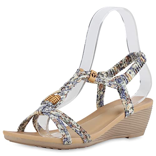 VAN HILL Damen Keilsandaletten Sandaletten Keilabsatz Schuhe Zierperlen Sommersandaletten Gummizug Freizeit Wegdes 211078 Hellgrün Hellblau Metallic 37 von VAN HILL