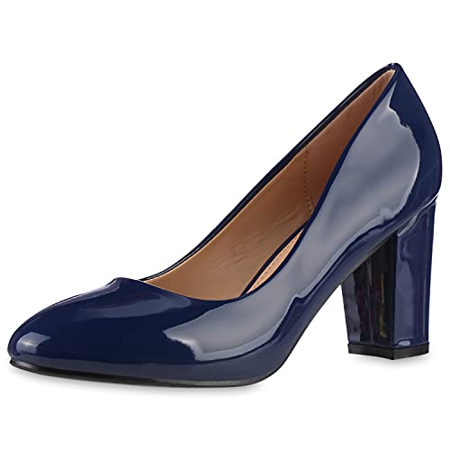 VAN HILL Damen Klassische Pumps Blockabsatz Schuhe Elegante Lack Absatzschuhe Party Freizeit Abendschuhe 201563 Dunkelblau Lack 40 von VAN HILL