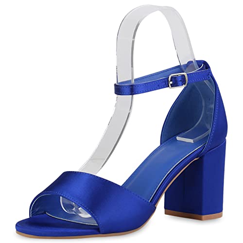 VAN HILL Damen Klassische Sandaletten Blockabsatz Schuhe Satin-Optik Elegante Stoff Abendschuhe Mid Heels Sommersandaletten 212270 Blau Satinoptik 36 von VAN HILL