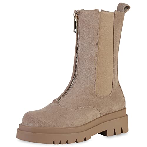 VAN HILL Damen Klassische Stiefel Blockabsatz Schuhe Zipper Freizeit Boots Profilsohle Plateau Vorne Freizeitstiefel 208323 Khaki Velours 36 von VAN HILL