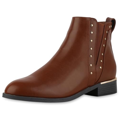 VAN HILL Damen Klassische Stiefeletten Blockabsatz Nieten Trendy Schuhe 213966 Hellbraun 44 von VAN HILL