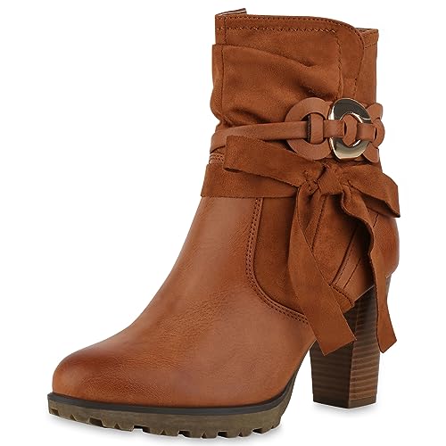 VAN HILL Damen Klassische Stiefeletten Blockabsatz Schleifen Trendy Schuhe 213449 Hellbraun 37 von VAN HILL