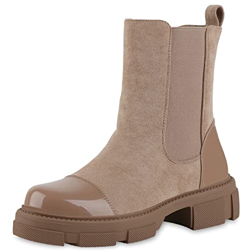 VAN HILL Damen Klassische Stiefeletten Plateau Vorne Schuhe Freizeit Profilsohle Boots Stiefel Blockabsatz Lack Booties 209000 Schlamm Lack Velours 40 von VAN HILL