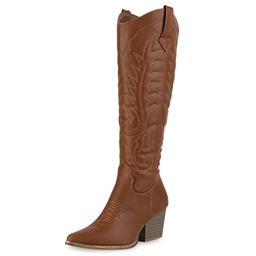 VAN HILL Damen Leicht Gefütterte Cowboystiefel Stickereien Schuhe Spitze Holzoptikabsatz Westernstiefel Freizeit Boots 210284 Hellbraun 37 von VAN HILL