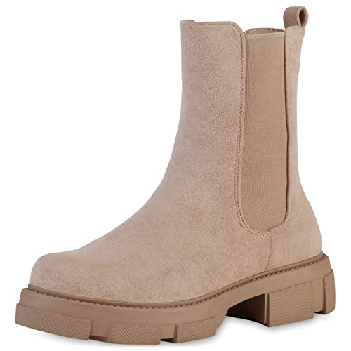 VAN HILL Damen Leicht Gefütterte Plateau Boots Stiefeletten Blockabsatz Schuhe Plateau Vorne Stiefel Profilsohle Booties 202390 Khaki 40 von VAN HILL