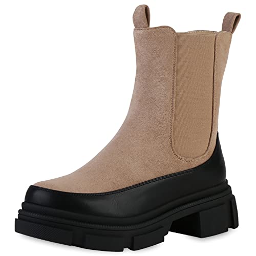 VAN HILL Damen Leicht Gefütterte Plateau Boots Stiefeletten Blockabsatz Schuhe Plateau Vorne Stiefel Profilsohle Booties 208841 Khaki Velours 38 von VAN HILL