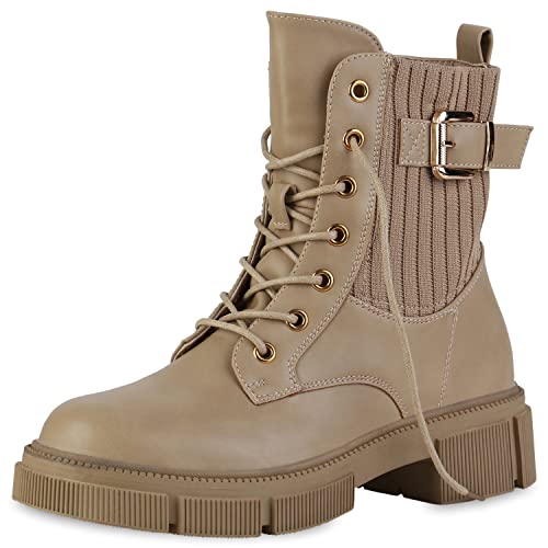 VAN HILL Damen Leicht Gefütterte Schnürstiefeletten Blockabsatz Stiefeletten Strick Schuhe Schnallen Stiefel Profilsohle Booties 208662 Khaki 39 von VAN HILL