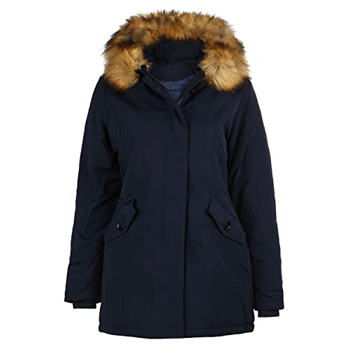 VAN HILL Damen Leicht Gefütterte Winterjacke Kapuze Seitentaschen Damenjacke Kunstfell Langarm Innentaschen Freizeit Jacke 202484 Dunkelblau 40 von VAN HILL