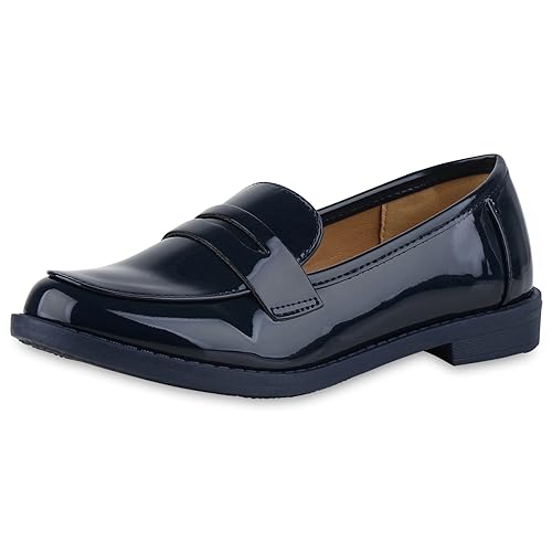 VAN HILL Damen Loafers Blockabsatz Basic Trendy Schuhe 213472 Dunkelblau Lack 36 von VAN HILL