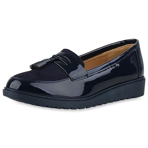 VAN HILL Damen Loafers Flach Lack Trendy Schuhe 213445 Dunkelblau Lack 39 von VAN HILL