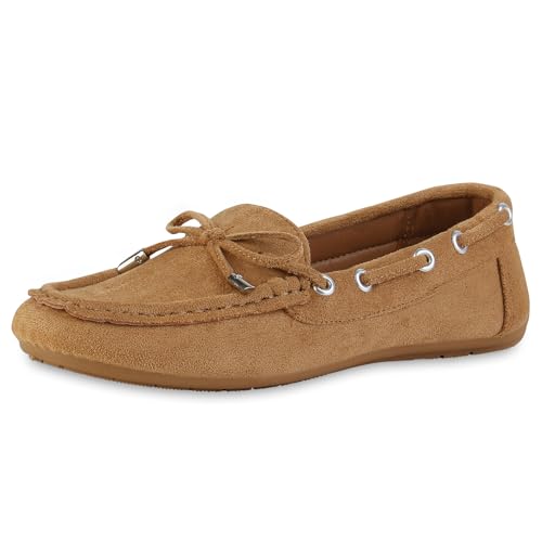 VAN HILL Damen Mokassins Flach Schleifen Bequem Schuhe 214242 Hellbraun 39 von VAN HILL