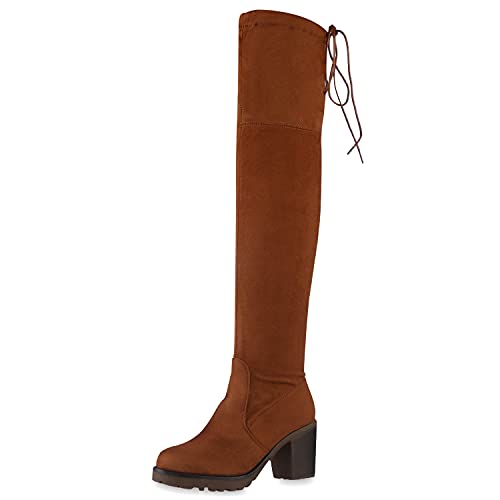 VAN HILL Damen Overknees Leicht Gefütterte Stiefel Wildleder-Optik Boots Blockabsatz Schuhe Langschaftstiefel Profilsohle 201639 Hellbraun 38 von VAN HILL