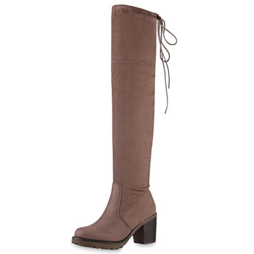 VAN HILL Damen Overknees Leicht Gefütterte Stiefel Wildleder-Optik Boots Blockabsatz Schuhe Langschaftstiefel Profilsohle 201640 Schlamm 36 von VAN HILL