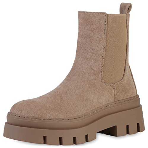 VAN HILL Damen Plateau Boots Freizeit Stiefeletten Blockabsatz Schuhe Profilsohle Stiefel Plateauschuhe Booties 208396 Khaki Velours 36 von VAN HILL