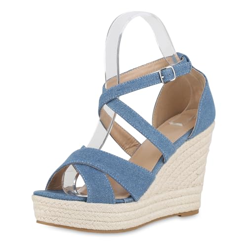 VAN HILL Damen Plateau Sandaletten Keilabsatz Bast Trendy Schuhe 214470 Blau Denim 38 von VAN HILL