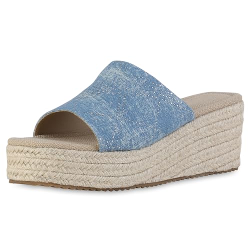 VAN HILL Damen Plateau Sandaletten Keilabsatz Bast Trendy Schuhe 215151 Blau Denim 38 von VAN HILL