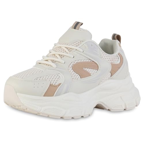 VAN HILL Damen Plateau Sneaker Blockabsatz Metallic Trendy Schuhe 214183 Creme Hellbraun 36 von VAN HILL