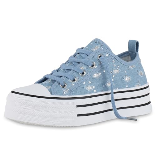 VAN HILL Damen Plateau Sneaker Keilabsatz Denim Trendy Schuhe 214562 Hellblau Denim 38 von VAN HILL