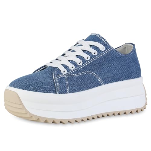 VAN HILL Damen Plateau Sneaker Keilabsatz Plateau Vorne Trendy Schuhe 215220 Dunkelblau Denim 41 von VAN HILL