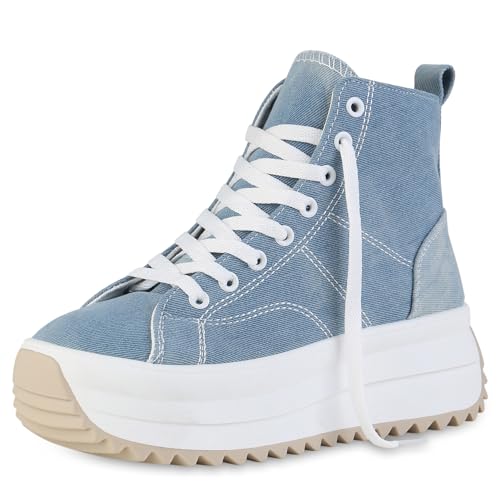 VAN HILL Damen Plateau Sneaker Keilabsatz Plateau Vorne Trendy Schuhe 215229 Blau Denim Trendy 37 von VAN HILL