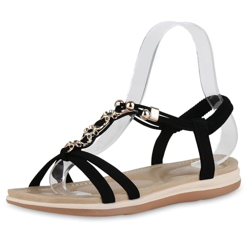 VAN HILL Damen Riemchensandalen Flach Zierperlen Trendy Schuhe 214782 Schwarz Braun 37 von VAN HILL