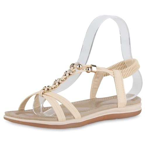 VAN HILL Damen Riemchensandalen Flach Zierperlen Trendy Schuhe 214783 Beige Braun 37 von VAN HILL