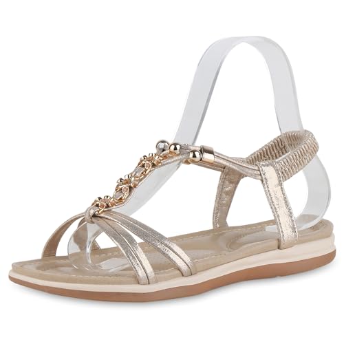 VAN HILL Damen Riemchensandalen Flach Zierperlen Trendy Schuhe 214784 Gold Braun 38 von VAN HILL