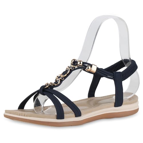 VAN HILL Damen Riemchensandalen Flach Zierperlen Trendy Schuhe 214786 Dunkelblau Braun 39 von VAN HILL