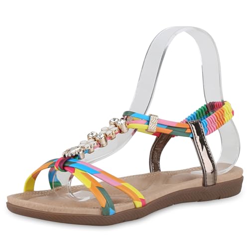 VAN HILL Damen Riemchensandalen Flach Zierperlen Trendy Schuhe 214891 Rosa Blau Metallic 39 von VAN HILL