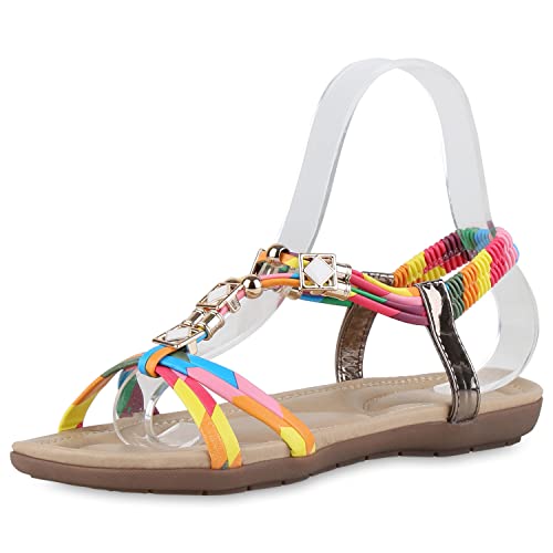 VAN HILL Damen Riemchensandalen Sandalen Flache Schuhe Profilsohle Riemchenschuhe Zierperlen Freizeit Sommersandalen 211025 Blau Rosa Gelb Metallic Robust 36 von VAN HILL