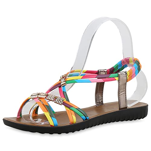 VAN HILL Damen Sandalen Riemchensandalen Flache Profilsohle Freizeit Schuhe Sommersandalen Zierperlen Riemchenschuhe 211014 Blau Rosa Gelb 38 von VAN HILL