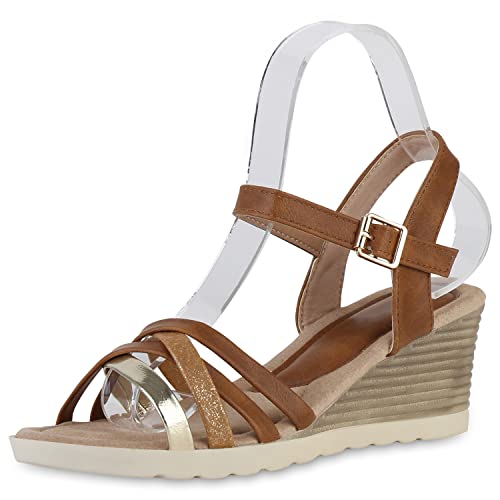 VAN HILL Damen Sandaletten Keilsandaletten Metallic Schuhe Keilabsatz Sommersandaletten Glitzer Wedges Freizeitschuhe 212111 Hellbraun Gold Metallic 40 von VAN HILL