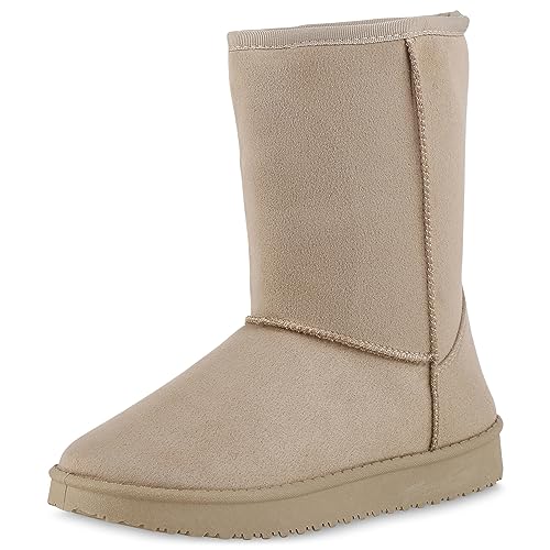 VAN HILL Damen Schlupfstiefel Warm Gefütterte Plateau Stiefel Profilsohle Winter Boots Wildleder-Optik Schuhe Bequeme Winterschuhe 611510 Khaki 37 von VAN HILL