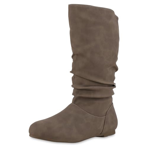 VAN HILL Damen Schlupfstiefel Warm Gefütterte Stiefel Basic Wildleder-Optik Schuhe Flache Slouch Boots 610617 Khaki 37 von VAN HILL