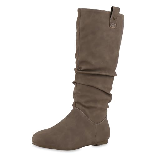 VAN HILL Damen Schlupfstiefel Warm Gefütterte Stiefel Nieten Wildleder-Optik Schuhe Flache Slouch Boots 610609 Khaki 37 von VAN HILL