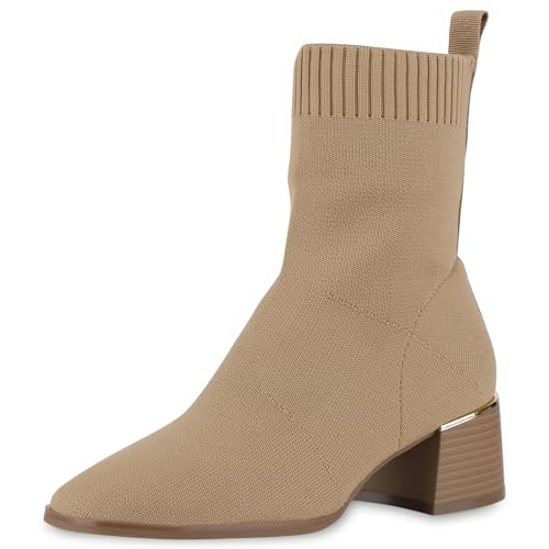 VAN HILL Damen Schlupfstiefeletten Blockabsatz Strick Trendy Schuhe 213662 Khaki 36 von VAN HILL