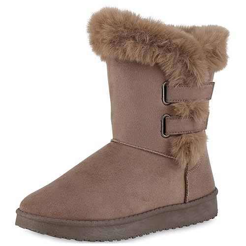 VAN HILL Damen Schlupfstiefeletten Flach Kunstfell Bequem Schuhe 813931 213485 Taupe 38 von VAN HILL