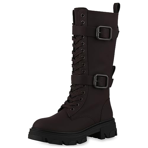 VAN HILL Damen Schnürstiefel Blockabsatz Schnallen Trendy Schuhe 840530 213068 Dunkelbraun 37 von VAN HILL