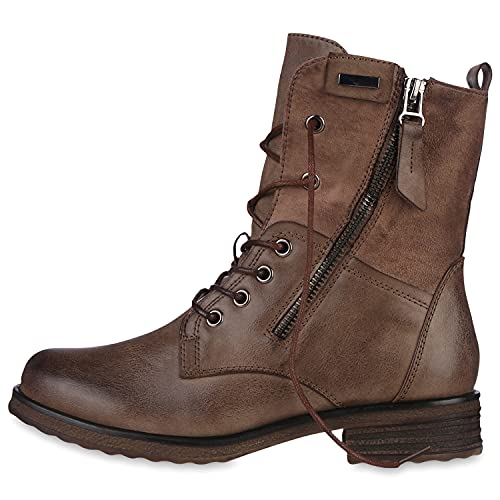 VAN HILL Damen Schnürstiefeletten Leicht Gefüttert Zipper Stiefeletten Blockabsatz Schnürer Schuhe 610439 Khaki 36 von VAN HILL