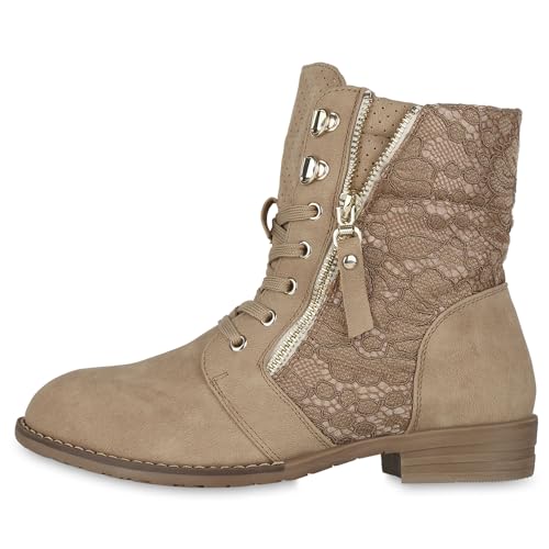 VAN HILL Damen Schnürstiefeletten Spitze Stiefeletten Zipper Worker Boot 610606 Khaki 36 von VAN HILL