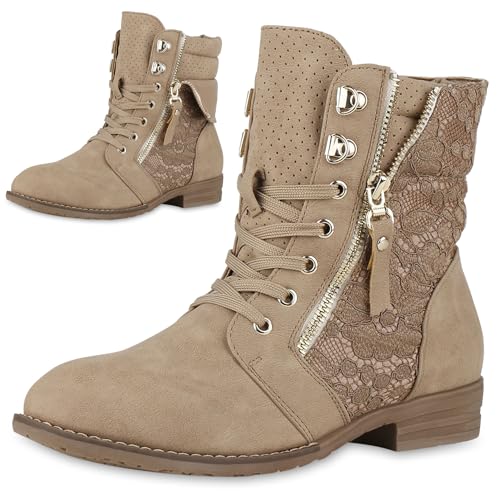 VAN HILL Damen Schnürstiefeletten Spitze Stiefeletten Zipper Worker Boot 610606 Khaki 39 von VAN HILL