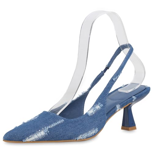 VAN HILL Damen Slingpumps Stiletto Denim Trendy Schuhe 213681 Dunkelblau 39 von VAN HILL