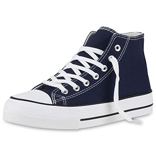 VAN HILL Damen Sneaker High Schuhe Flache Schnürer Bequeme Stoff Schnürschuhe Basic Freizeitschuhe 212531 Dunkelblau 39 von VAN HILL