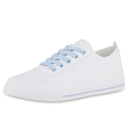 VAN HILL Damen Sneaker Low Flach Basic Bequem Schuhe 214772 Weiss Hellblau 40 von VAN HILL