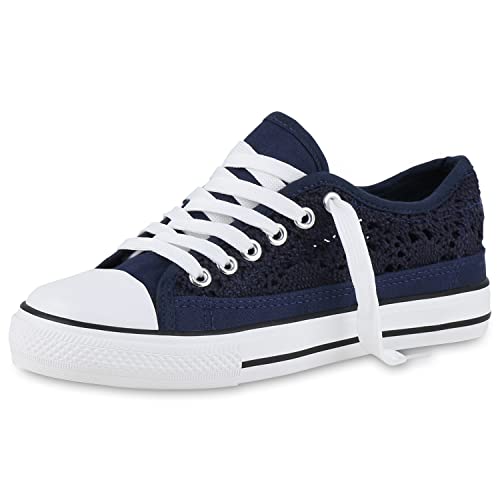 VAN HILL Damen Sneaker Low Flache Freizeit Schuhe Stoffschuhe Bequeme Schnürer Strick Schnürschuhe 211726 Dunkelblau 38 von VAN HILL