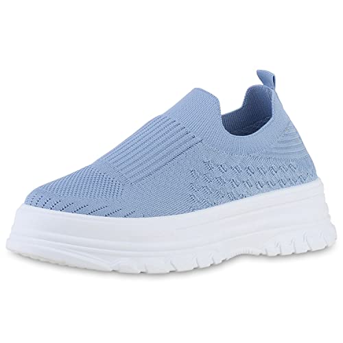 VAN HILL Damen Sneaker Slip Ons Schuhe Blockabsatz Slippers Strick Freizeitschuhe Plateau Vorne Stoff Schlupfschuhe 212138 Blau 39 von VAN HILL