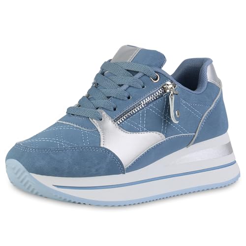 VAN HILL Damen Sneaker Wedges Keilabsatz Zipper Trendy Schuhe 214179 Blau Silber Metallic 39 von VAN HILL