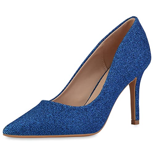 VAN HILL Damen Spitze Pumps Party Kunststoff Schuhe Stiletto Glitzer Absatzschuhe Abendschuhe 210097 Blau Glitzer 39 von VAN HILL